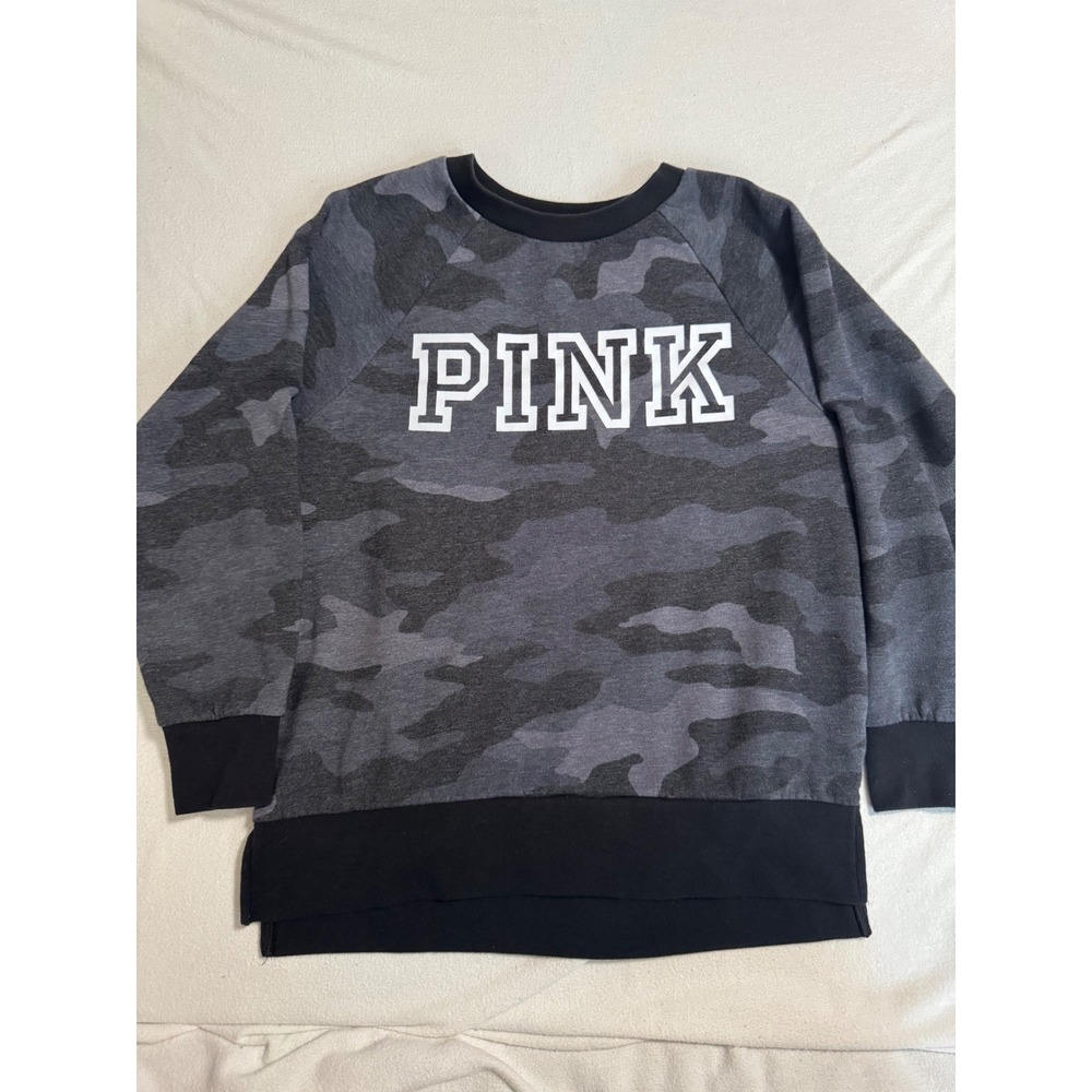 PINK Victoria's Secret Camo Crewneck Sweatshirt Gray Black Logo XS